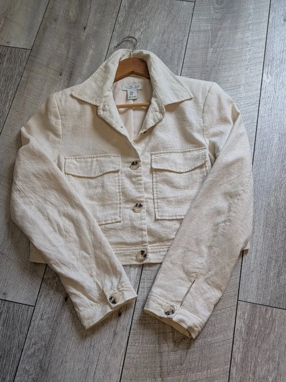Rachel Zoe Cream Linen Cropped Utility Jacket Button Front Minimalist Chic M - Picture 7 of 12